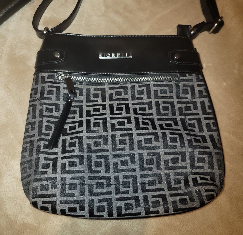 Fiorelli Black Geo Print Crossbody Purse Handbag Faux Leather Women's Logo